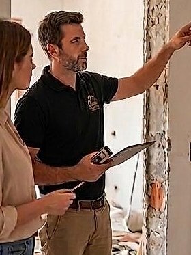 Dois profissionais da RME avaliando o vão de uma porta numa obra